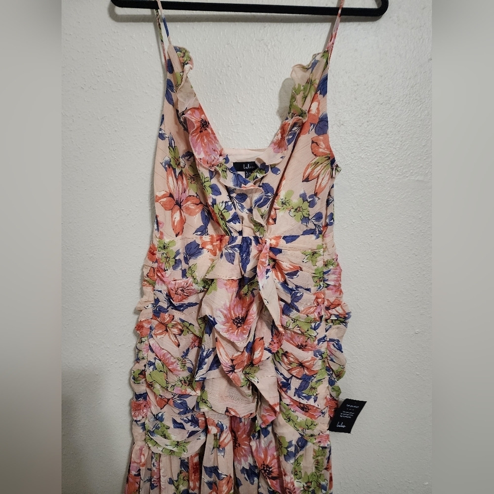 Lulus Stunning Soiree Blush Pink Floral Print Ruched Midi Dress XL Wedding Party - Picture 8 of 12
